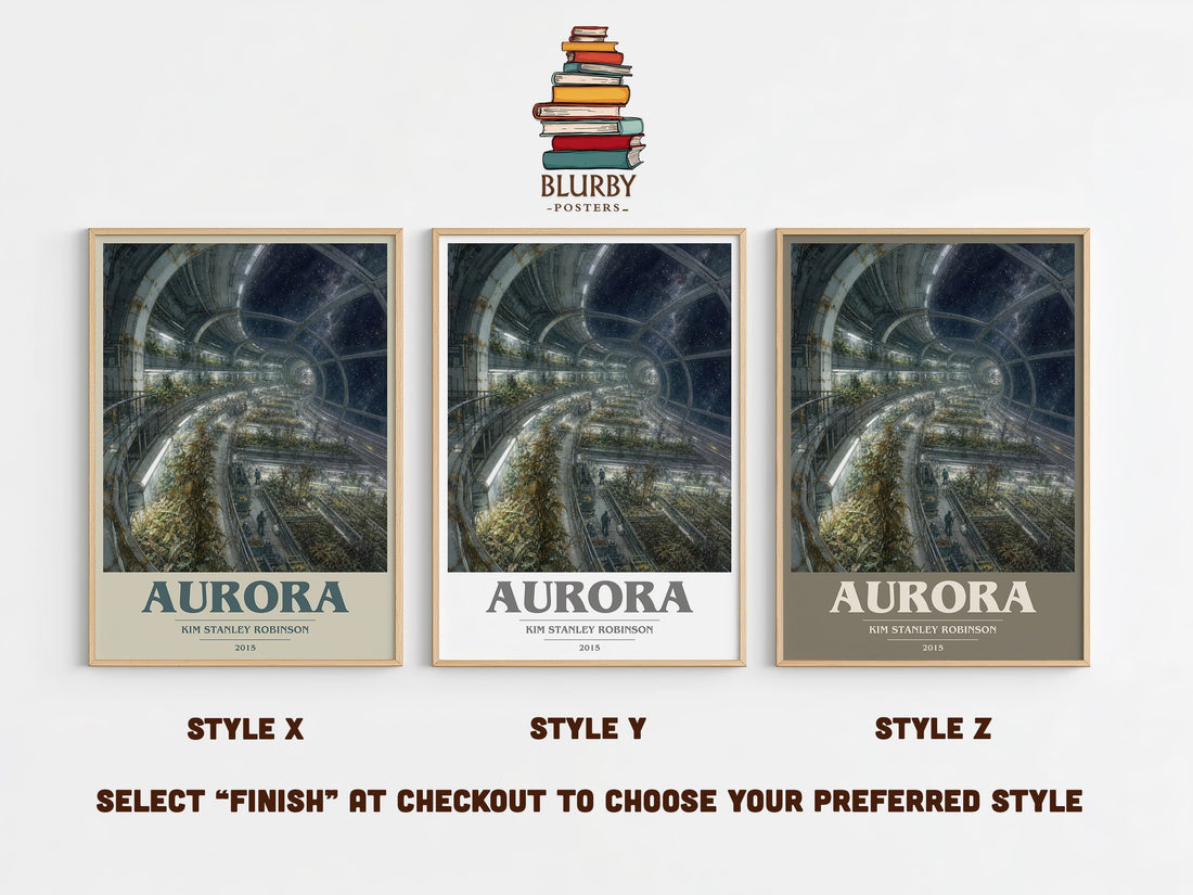 Aurora book cover print in frame leaning in hallway – sci fi wall art (mockup)