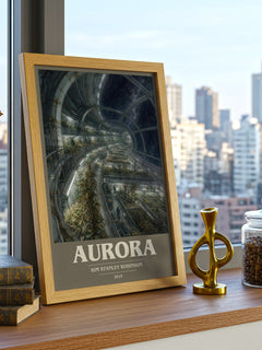 Aurora book cover print framed by window – literary home decor