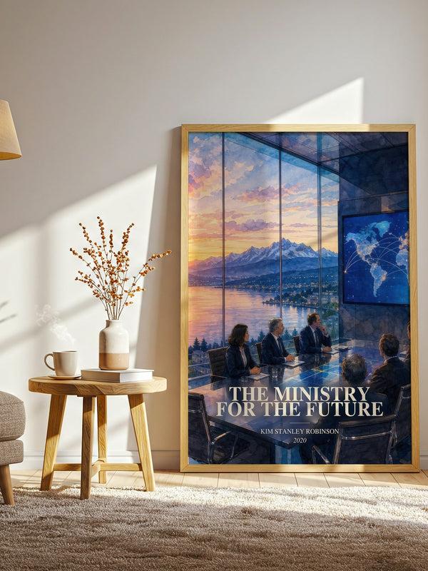 The Ministry for the Future watercolour print in frame leaning in hallway – sci fi wall art