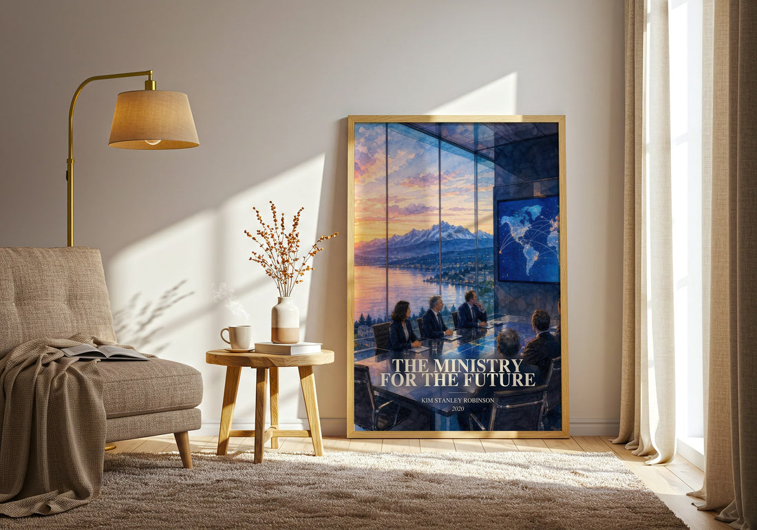 The Ministry for the Future watercolour print in frame leaning in hallway – sci fi wall art (mockup)