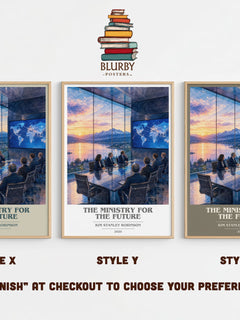 The Ministry for the Future book cover print in frame leaning in hallway – sci fi wall art