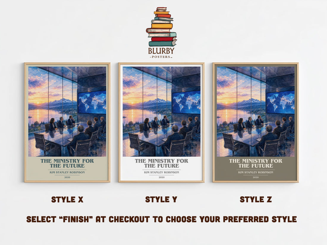 The Ministry for the Future book cover print in frame leaning in hallway – sci fi wall art (mockup)