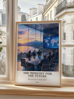 The Ministry for the Future book cover poster colour and style options – Kim Stanley Robinson book art