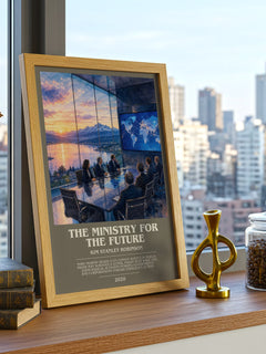 The Ministry for the Future Bookish Wall Art by Kim Stanley Robinson – framed print on a city-view windowsill