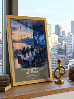 The Ministry for the Future book cover print framed by window – literary home decor