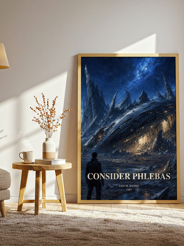Consider Phlebas watercolour print in frame leaning in hallway – sci fi wall art
