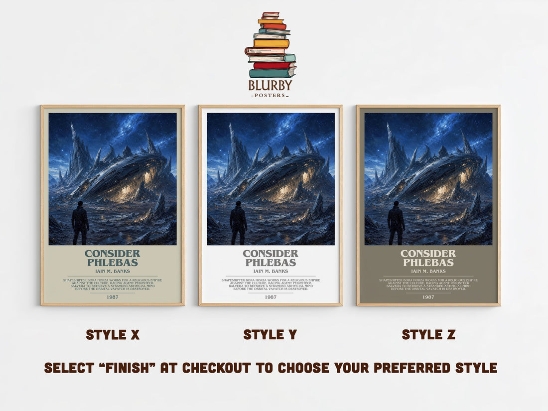 Consider Phlebas bookish print in frame leaning in hallway – sci fi wall art (mockup)