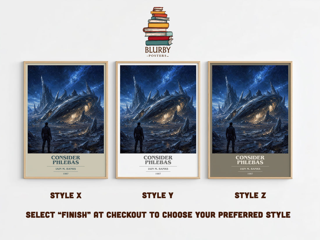 Consider Phlebas book cover print in frame leaning in hallway – sci fi wall art (mockup)