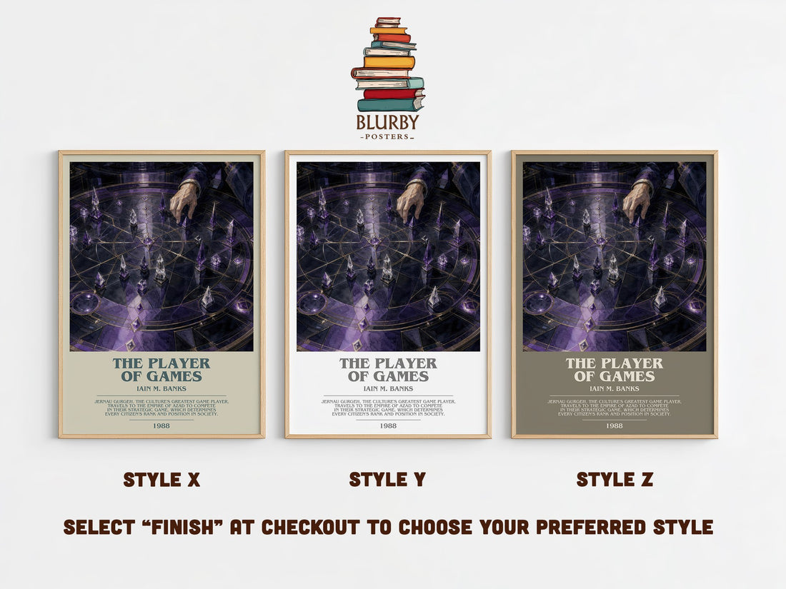 The Player of Games bookish print in frame leaning in hallway – sci fi wall art (mockup)