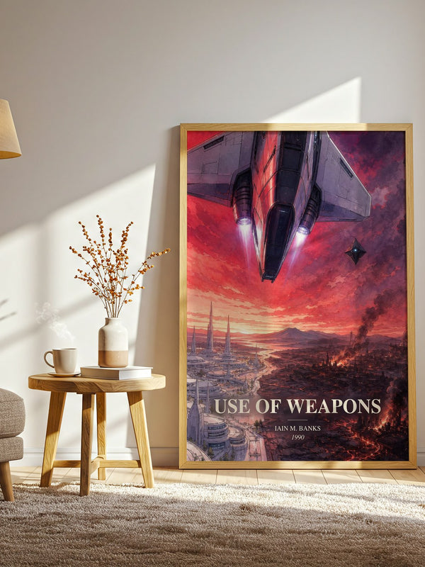 Use of Weapons watercolour print in frame leaning in hallway – sci fi wall art