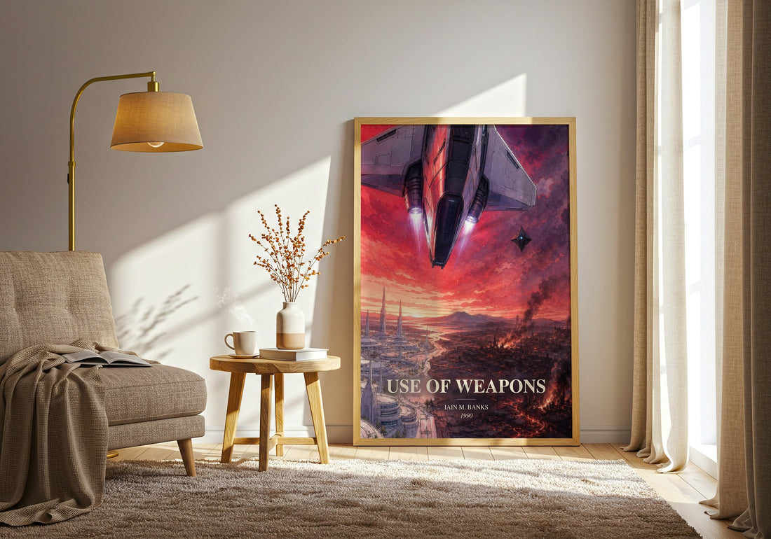 Use of Weapons watercolour print in frame leaning in hallway – sci fi wall art (mockup)