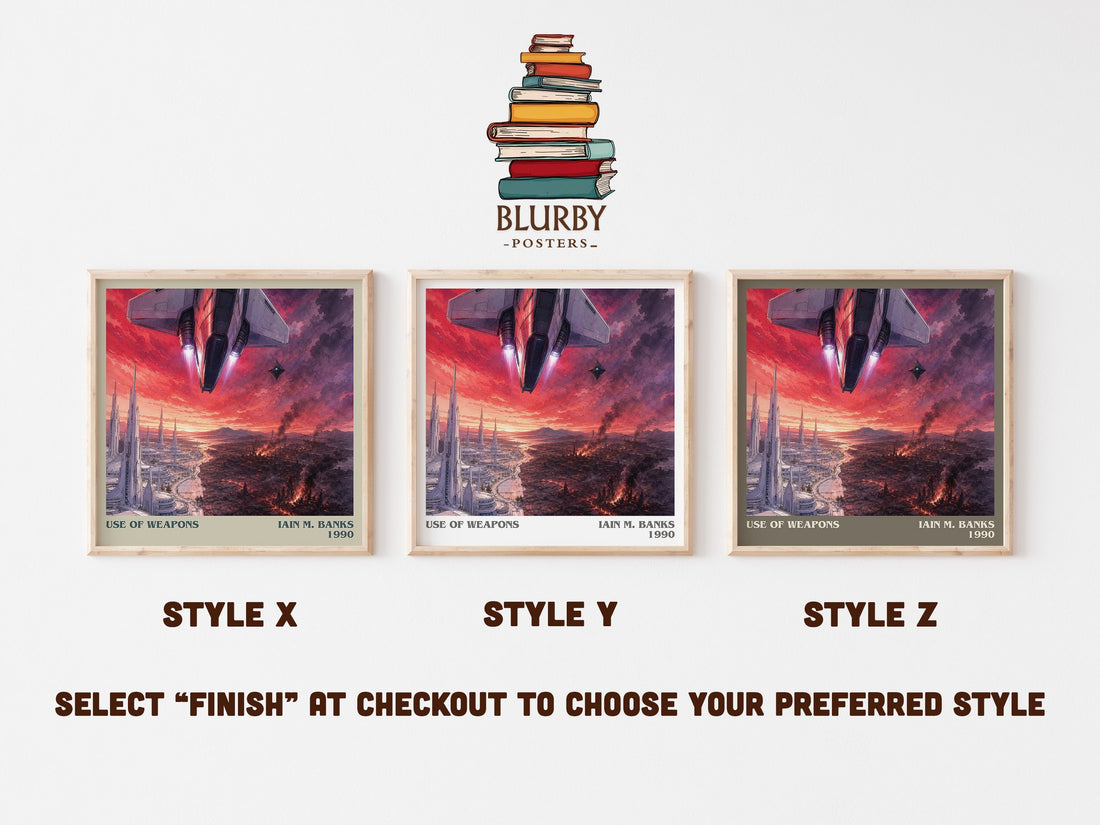 Use of Weapons literary print in frame leaning in hallway – sci fi wall art (mockup)