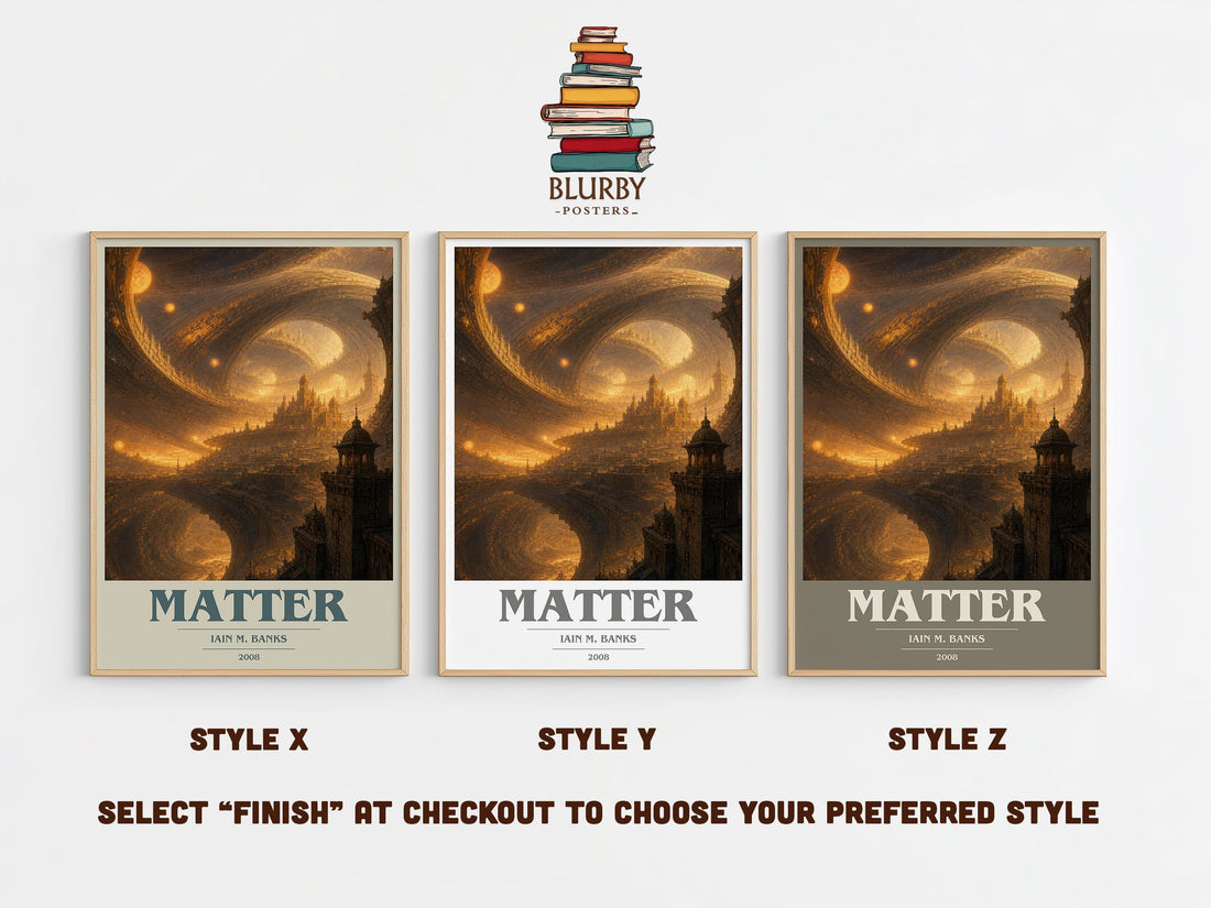 Matter book cover print in frame leaning in hallway – sci fi wall art (mockup)