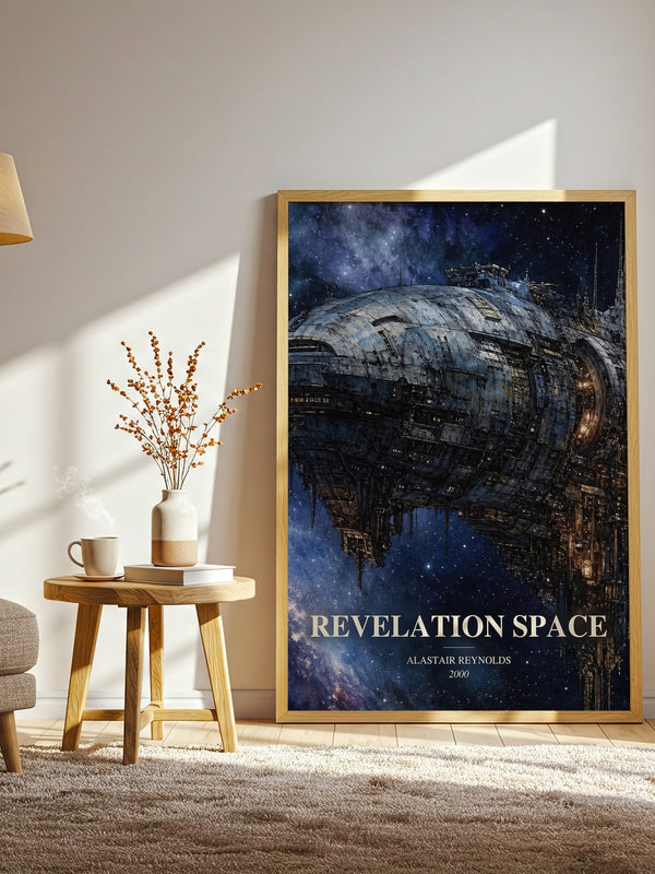 Revelation Space watercolour print in frame leaning in hallway – sci fi wall art