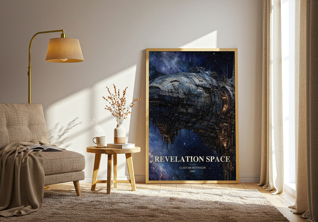 Revelation Space watercolour print in frame leaning in hallway – sci fi wall art (mockup)