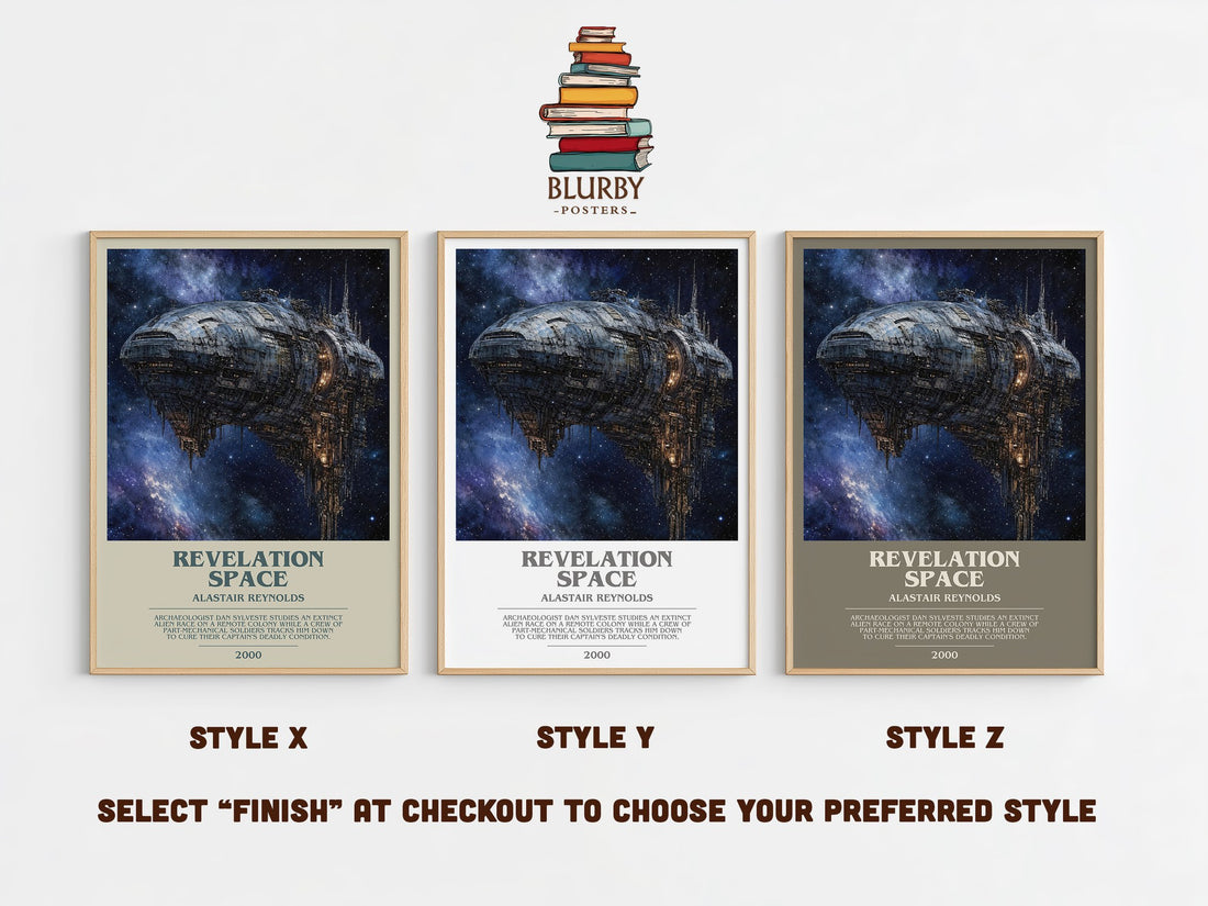 Revelation Space bookish print in frame leaning in hallway – sci fi wall art (mockup)
