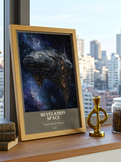 Revelation Space book cover print framed by window – literary home decor