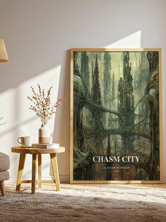 Chasm City watercolour print in frame leaning in hallway – sci fi wall art
