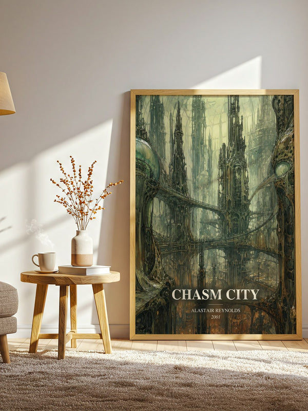 Chasm City watercolour print in frame leaning in hallway – sci fi wall art