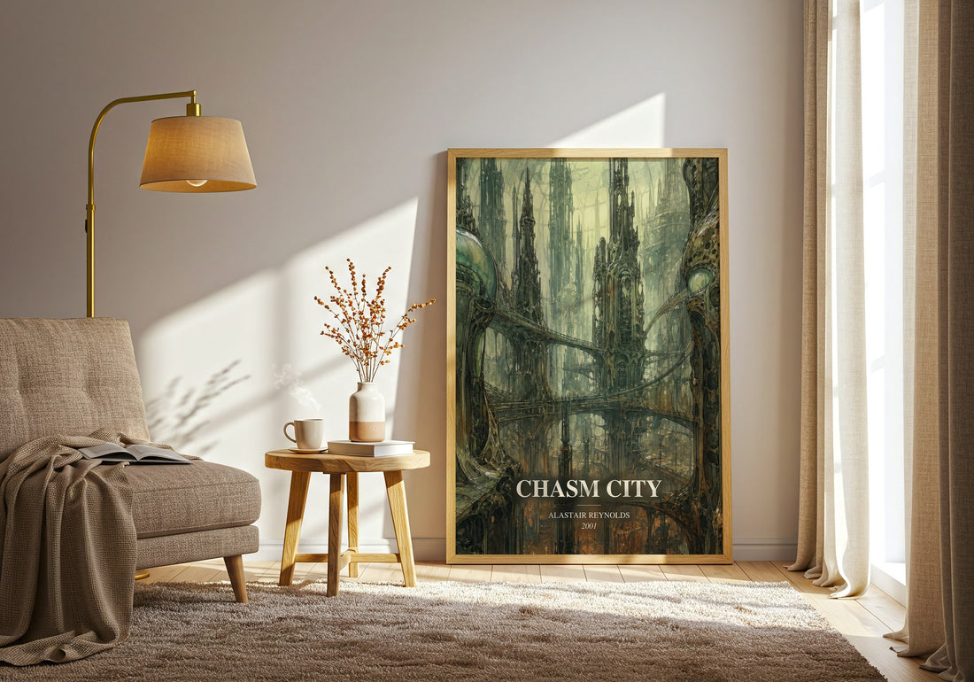 Chasm City watercolour print in frame leaning in hallway – sci fi wall art (mockup)