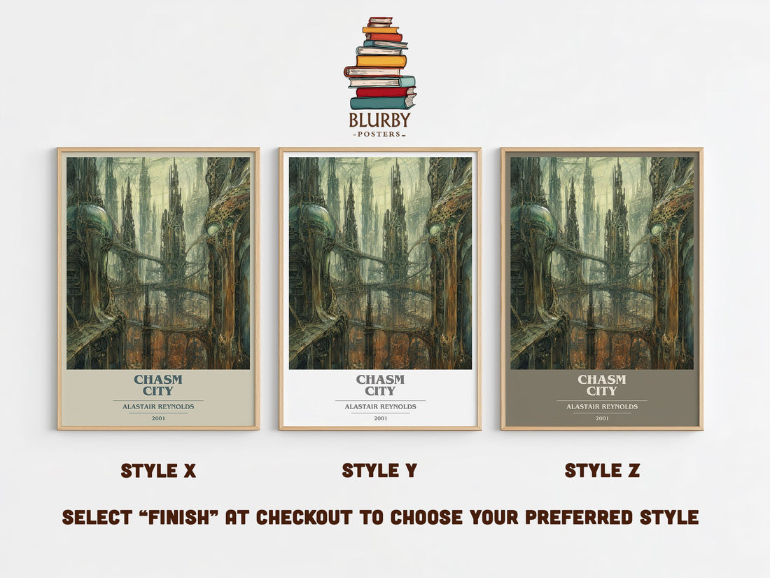 Chasm City book cover print in frame leaning in hallway – sci fi wall art (mockup)
