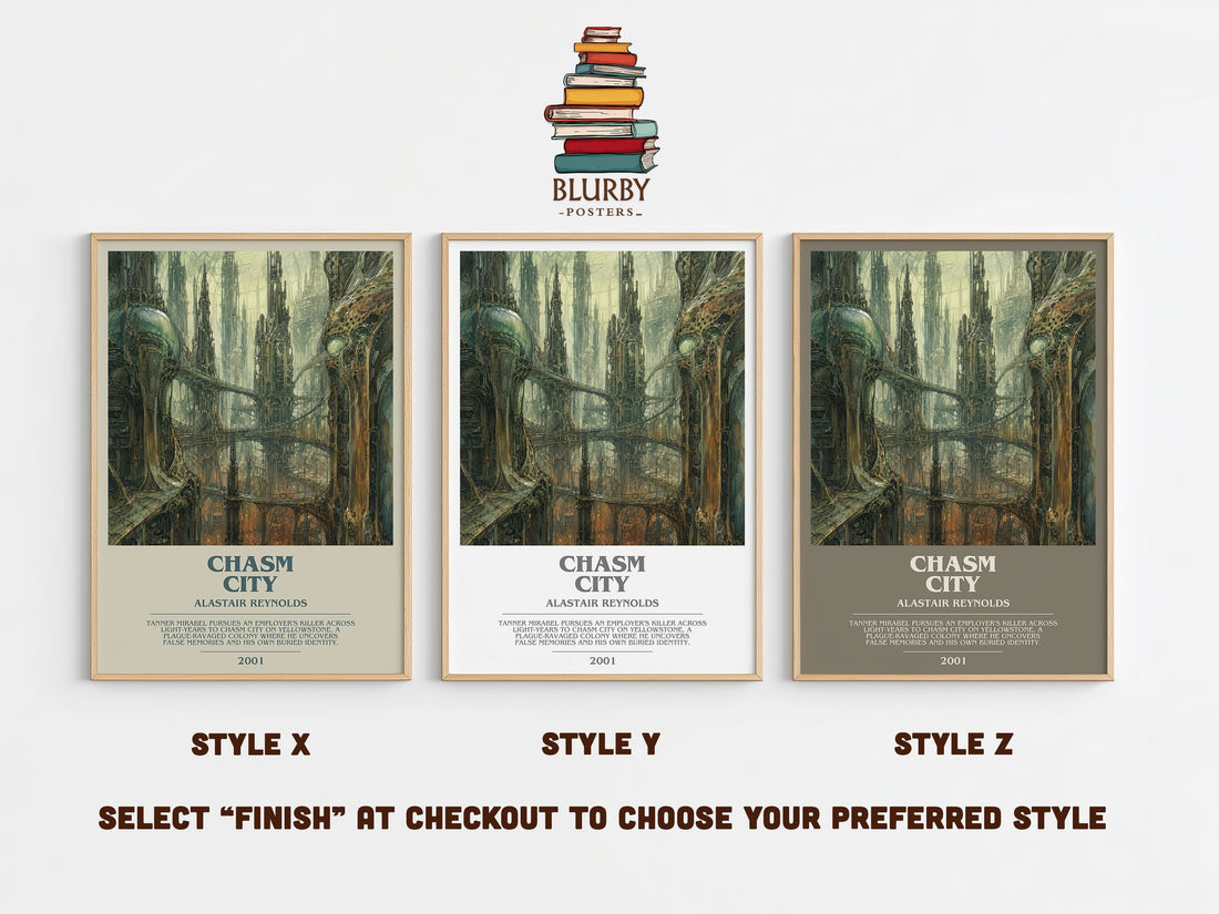 Chasm City bookish print in frame leaning in hallway – sci fi wall art (mockup)