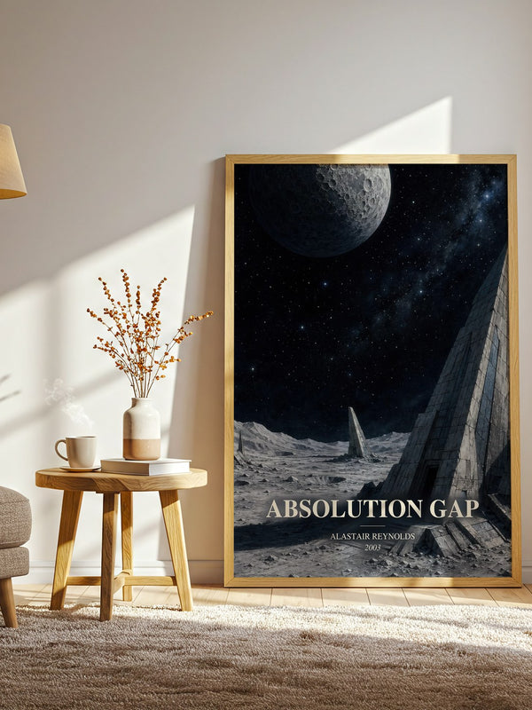 Absolution Gap watercolour print in frame leaning in hallway – sci fi wall art