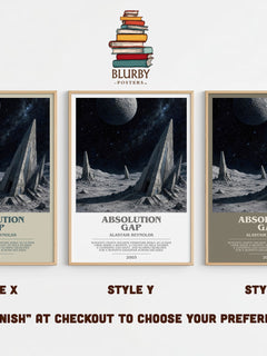 Absolution Gap bookish print in frame leaning in hallway – sci fi wall art