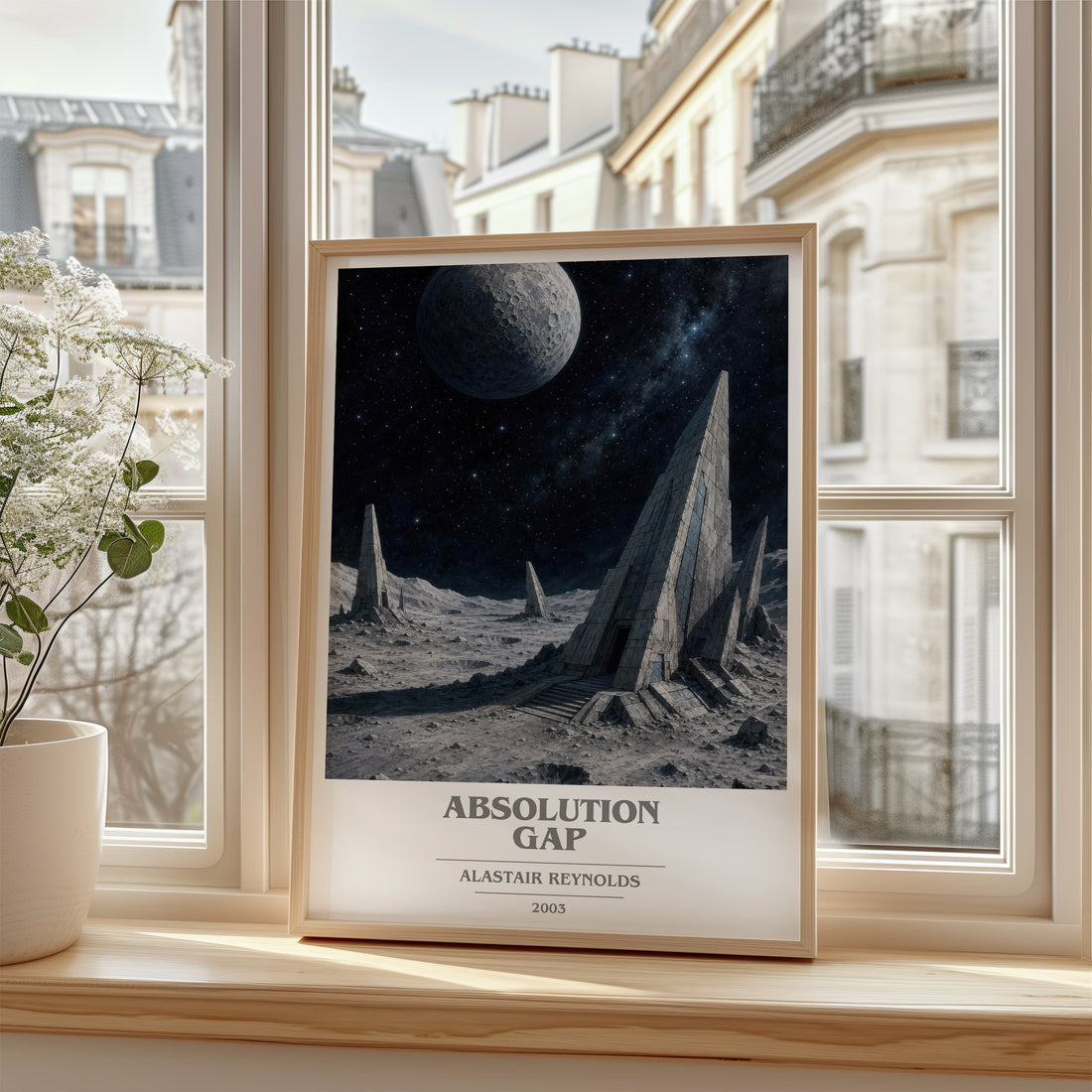 Absolution Gap Book Cover Poster by Alastair Reynolds – framed print by a bright window