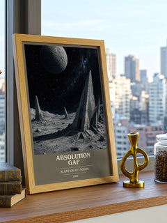 Absolution Gap Book Cover Poster by Alastair Reynolds – framed print on a city-view windowsill