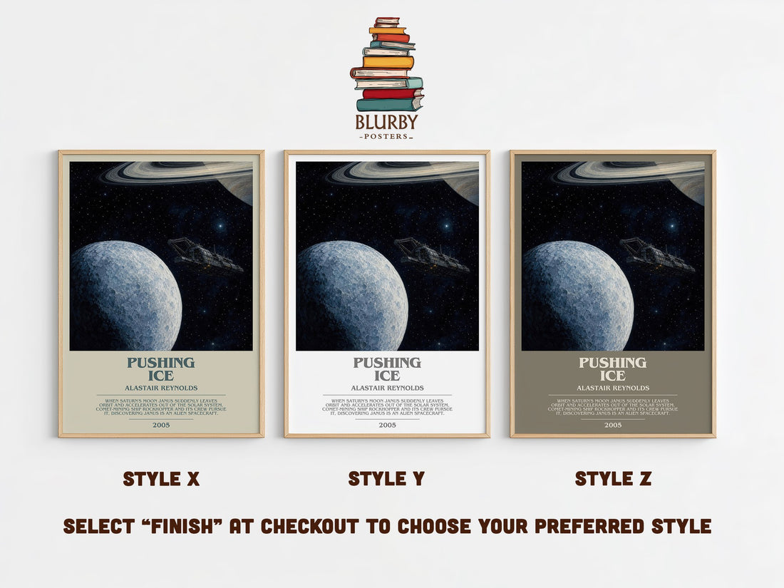 Pushing Ice bookish print in frame leaning in hallway – sci fi wall art (mockup)