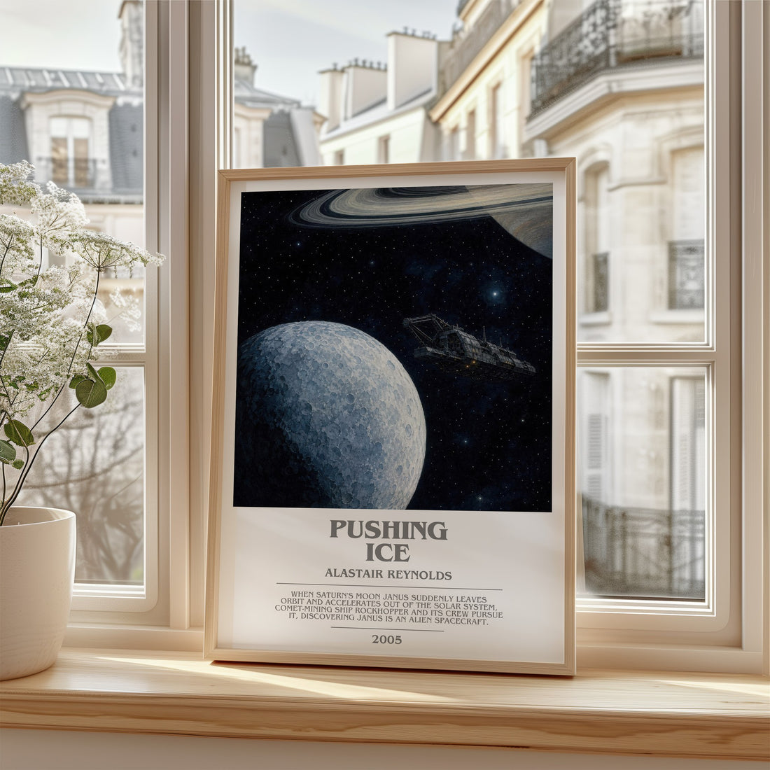Pushing Ice Bookish Wall Art by Alastair Reynolds – framed print by a bright window