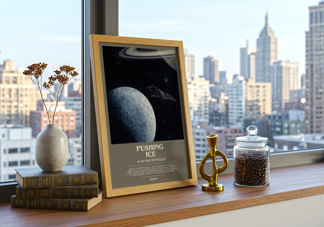 Pushing Ice Bookish Wall Art by Alastair Reynolds – framed print on a city-view windowsill