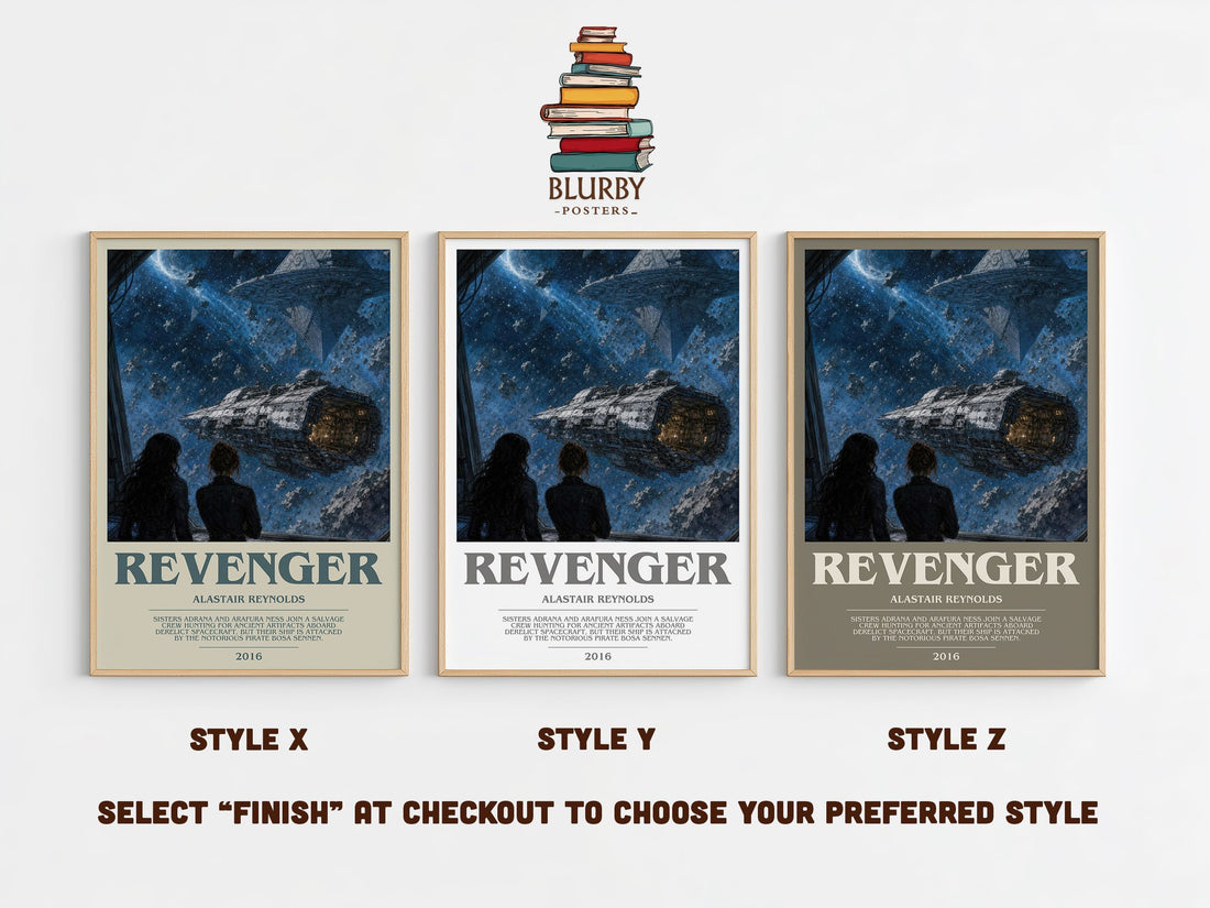 Revenger bookish print in frame leaning in hallway – sci fi wall art (mockup)