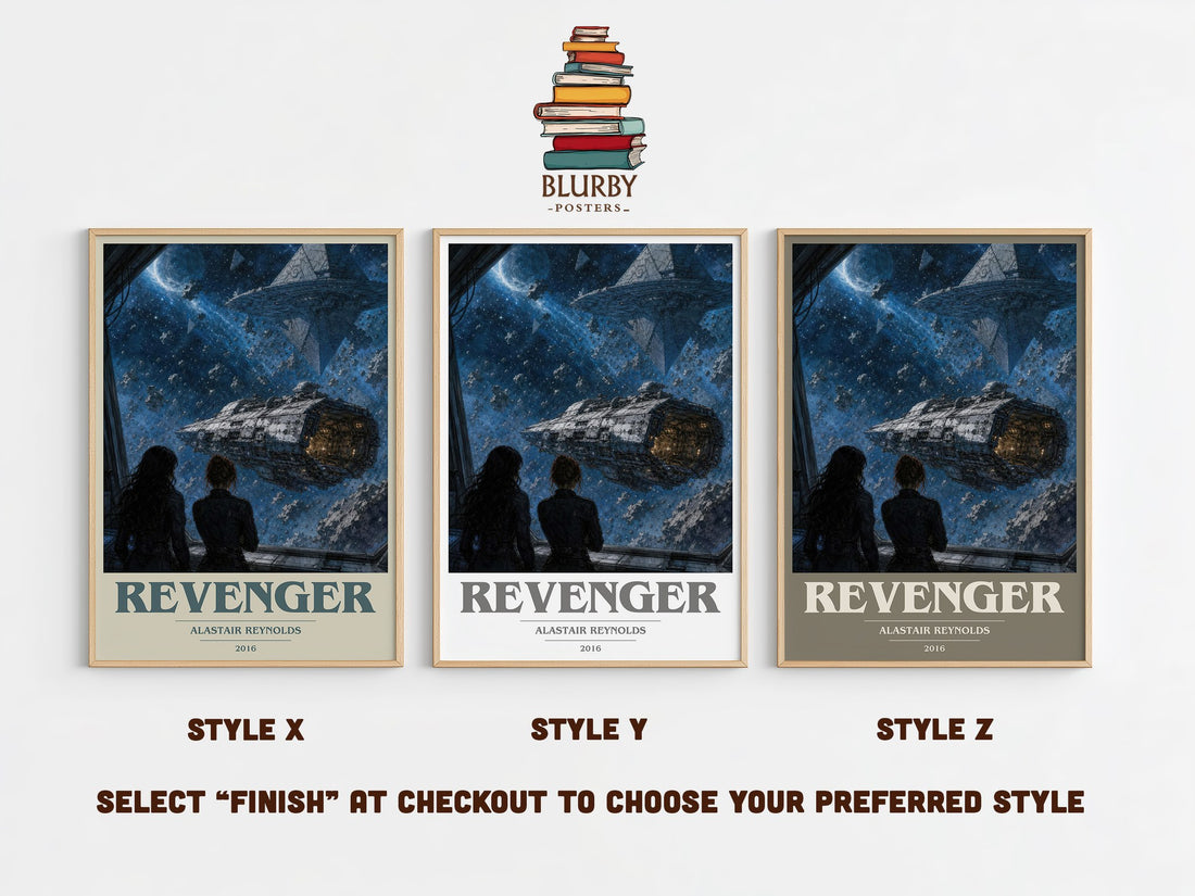 Revenger book cover print in frame leaning in hallway – sci fi wall art (mockup)