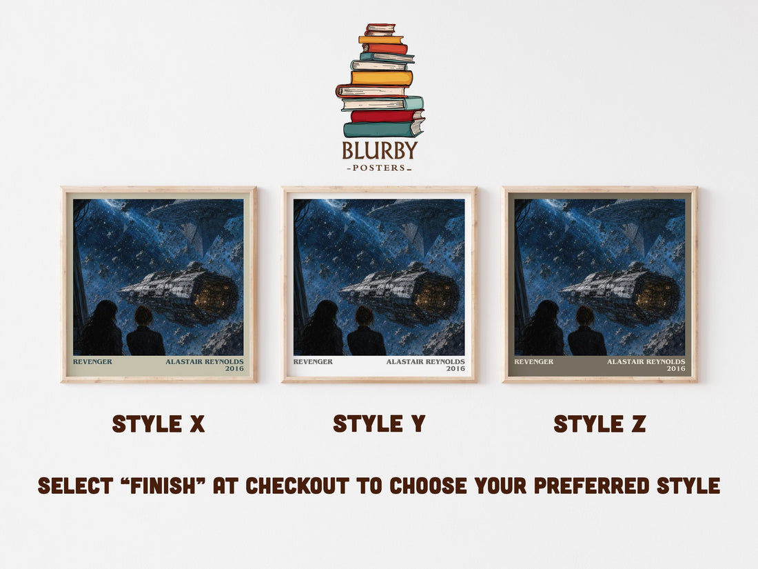 Revenger literary print in frame leaning in hallway – sci fi wall art (mockup)