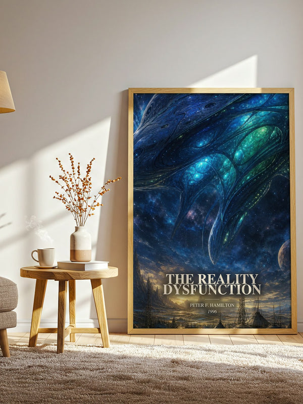 The Reality Dysfunction watercolour print in frame leaning in hallway – sci fi wall art