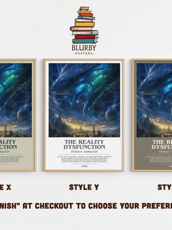 The Reality Dysfunction bookish print in frame leaning in hallway – sci fi wall art
