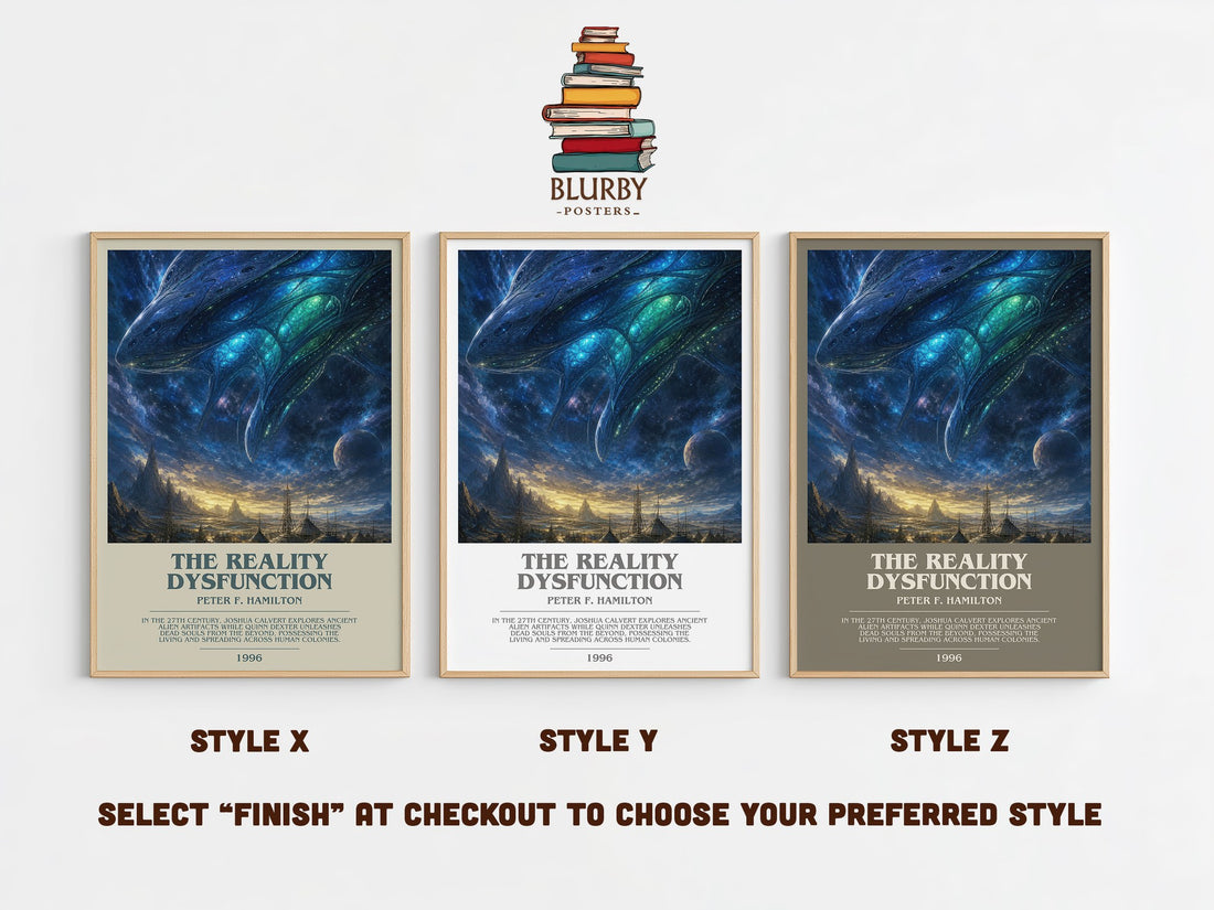 The Reality Dysfunction bookish print in frame leaning in hallway – sci fi wall art (mockup)