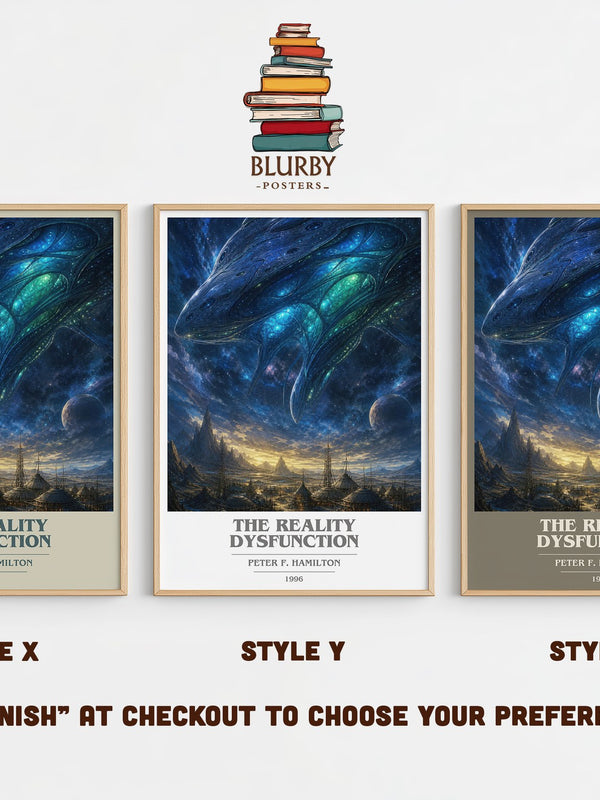 The Reality Dysfunction book cover print in frame leaning in hallway – sci fi wall art