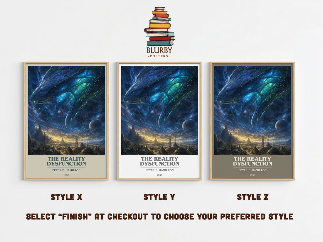 The Reality Dysfunction book cover print in frame leaning in hallway – sci fi wall art (mockup)