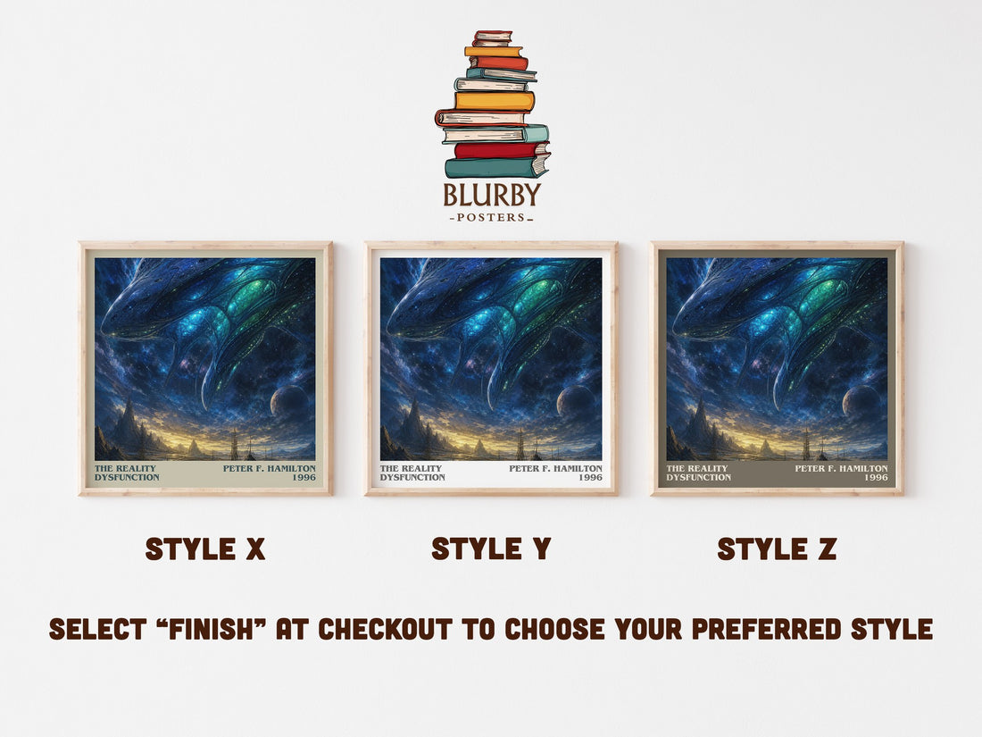 The Reality Dysfunction literary print in frame leaning in hallway – sci fi wall art (mockup)