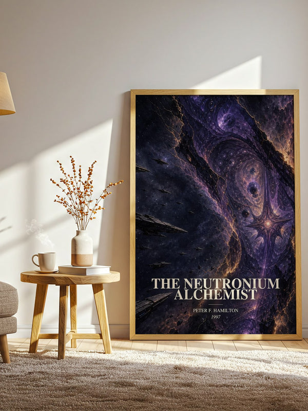 The Neutronium Alchemist watercolour print in frame leaning in hallway – sci fi wall art