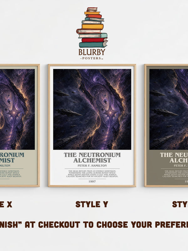The Neutronium Alchemist bookish print in frame leaning in hallway – sci fi wall art