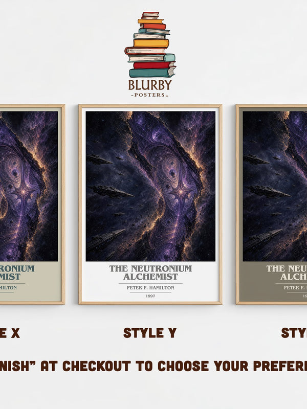 The Neutronium Alchemist book cover print in frame leaning in hallway – sci fi wall art
