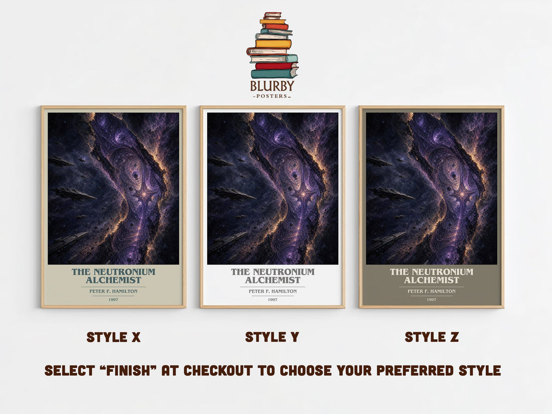 The Neutronium Alchemist book cover print in frame leaning in hallway – sci fi wall art (mockup)