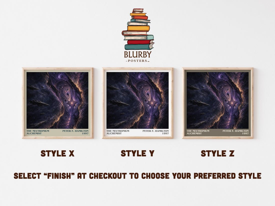 The Neutronium Alchemist literary print in frame leaning in hallway – sci fi wall art (mockup)