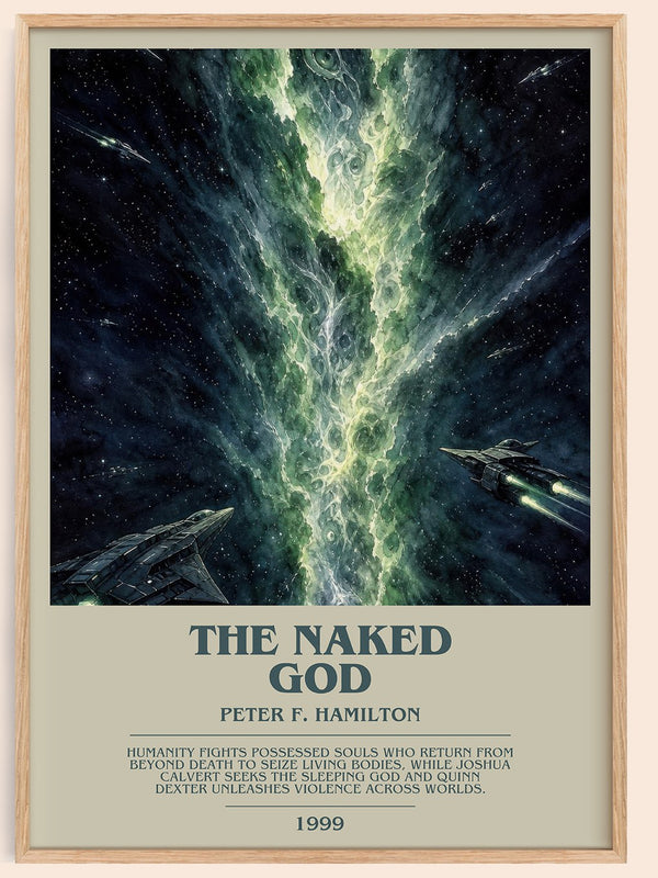 The Naked God bookish book poster by Peter F. Hamilton – framed literary art print