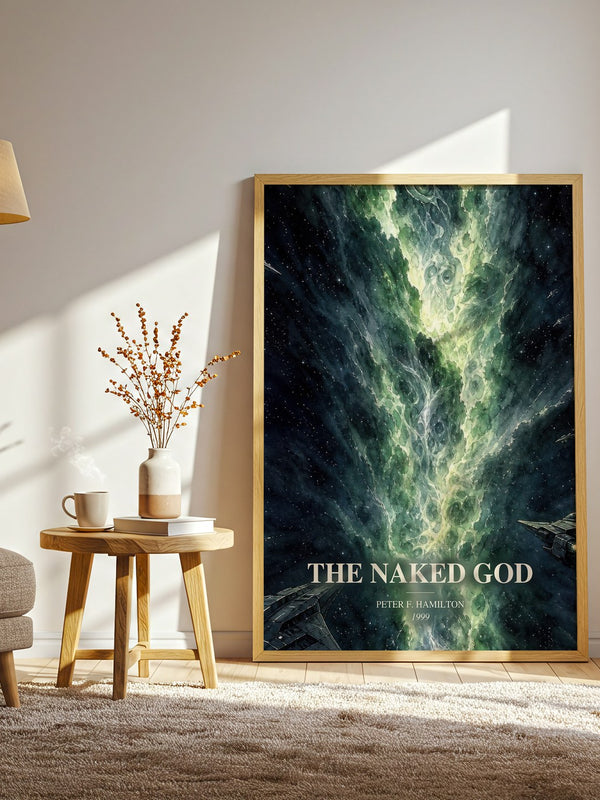 The Naked God watercolour print in frame leaning in hallway – sci fi wall art