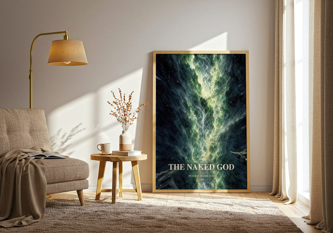 The Naked God watercolour print in frame leaning in hallway – sci fi wall art (mockup)